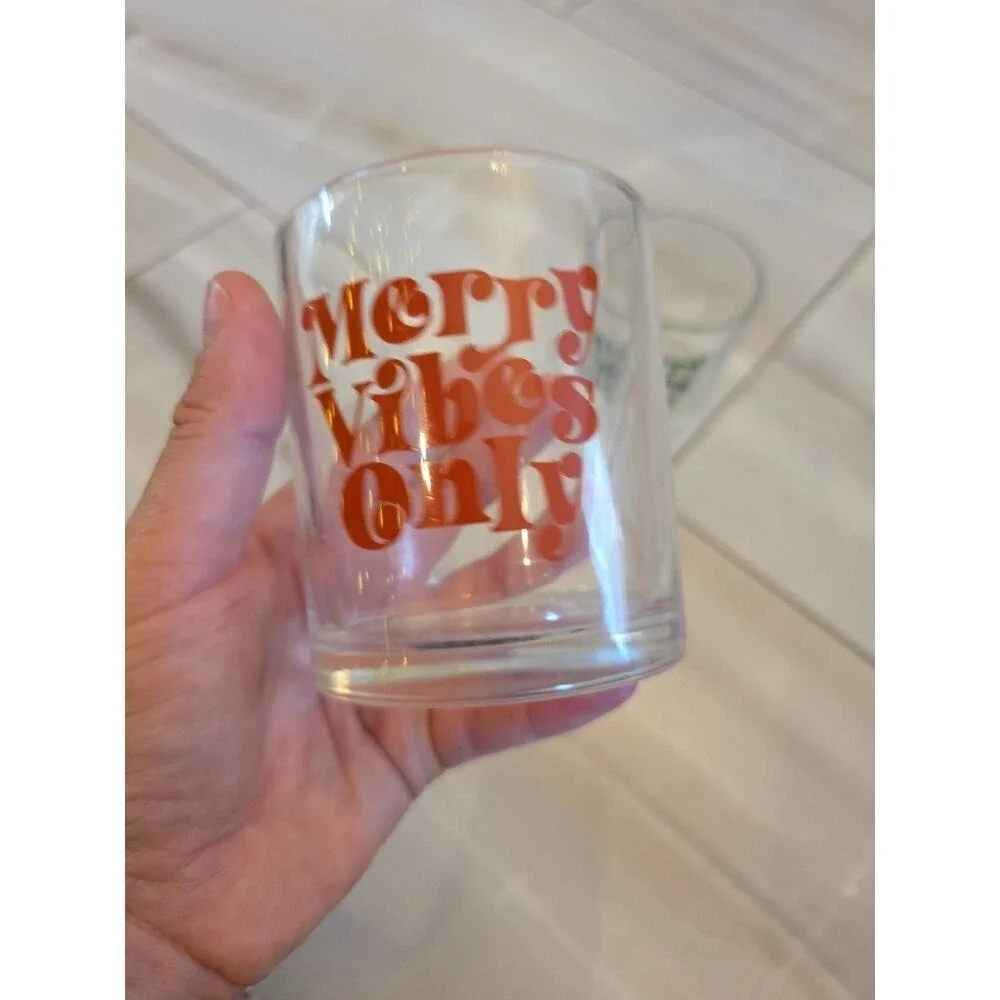 Set of 2 MERRY VIBES ONLY‎ Christmas Lowball Glass Tumblers 10.25 oz. Each